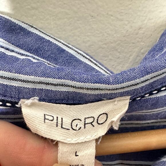 ANTHROPOLOGIE x PILCRO Reworked Ruched Buttondown Shirt Blue Stripe Sz L {PP48} - Picture 6 of 7